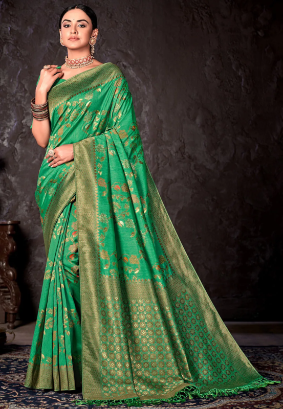 Varni Fabrics Women Aqua Green Floral Banarasi Silk Woven Saree comes With Matching Blouse