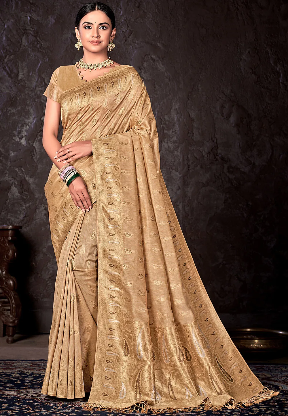 Banarasi Silk Saree in Beige Gold Color